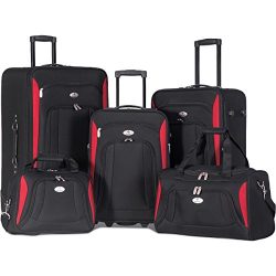 Merax Newest 5 Piece Luggage Set Softshell Deluxe Expandable Rolling Suitcase (Black w/ Red)