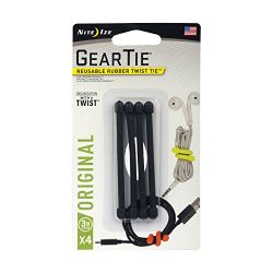 Nite Ize Original Gear Tie, Reusable Rubber Twist Tie, Made in the USA, 3-Inch, Black, 4 Pack