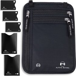 Neck Wallet Travel Pouch & Passport Holder RFID Blocking with 5 Bonus Sleeves