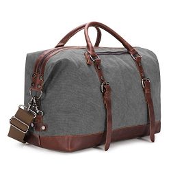 BAOSHA Oversized Canvas PU Leather Travel Tote Duffel Bag Weekender Overnight Bag (Grey)