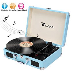 YIIYAA Vinyl Record Turntable Victrola Vintage 3-speed Belt Driven Bluetooth Portable Suitcase w ...