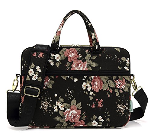 KAYOND Black chinese Rose Canvas Laptop Shoulder Messenger Bag Case Sleeve for 14Inch Laptop and ...