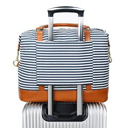 Women Ladies Canvas Weekender Bag Overnight Carry-on Tote Duffel in Trolley Handle (Blue Stripe)