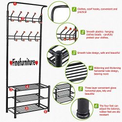 FINEFURNITURE Entryway Coat and Shoe Rack with 18 Hooks and 3-Tier Shelves, Fashion Garment Rack ...