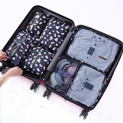 7Pcs Waterproof Travel Storage Bags Clothes Packing Cube Luggage Organizer Pouch (Navy Daisy)