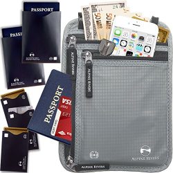 Neck Wallet Travel Pouch & Passport Holder RFID Blocking with 5 Bonus Sleeves