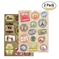 T&B Vintage Stickers 2PCS Multi Countries Retro Landmark Monument Travel Airline Plane Patte ...