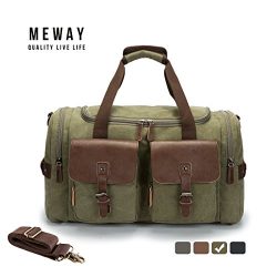 MEWAY Canvas Genuine Leather Overnight Bag Travel Duffel with Strap (ARMY GREEN, ✔PU LEATHER)