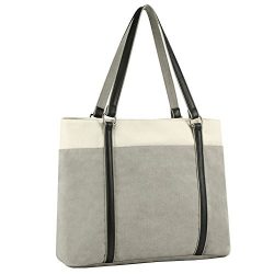 Plambag Canvas Laptop Tote Bag 15.6” Work Shopper Shoulder Handbag for Women (Gray)