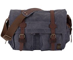 Berchirly Military Canvas Shoulder Messenger Bag Leather Straps for 14.7Inch