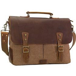 WOWBOX Messenger Bag for Men 15.6 inch Vintage Leather and Canvas Men’s Satchel Shoulder B ...