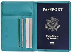 RFID Blocking Leather Passport Holder Cover & Travel Wallet ID Card Case (Blue)