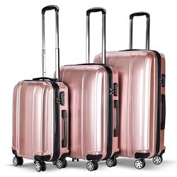 Goplus 3 Piece Luggage Set Hard Rolling Suitcases Carry On for Travel (Rose Gold)