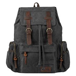 P.KU.VDSL Vintage Canvas Backpack, Genuine Leather Military Rucksack, 17 inch Retro Laptop Backp ...