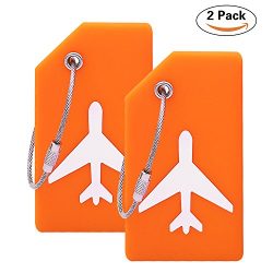 Silicone Luggage Tag With Name ID Card Perfect to Quickly Spot Luggage Suitcase (Plane 2Pcs Orange)