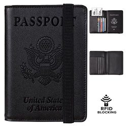 Travelambo RFID Blocking Leather Passport Holder Cover Case Travel Wallet Elastic Strap (Black N ...