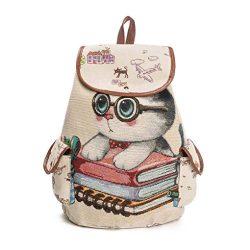 Women Grils Cute Cat Printing Canvas Drawstring Backpack Shopping Bag Travel Bag with Two Side S ...