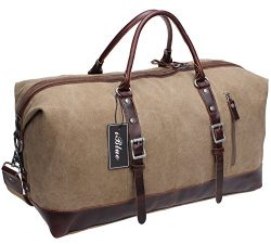 Iblue Genuine Leather Trim Travel Tote Duffel Garment Gym Shoulder Handbag Canvas Overnight Week ...