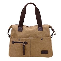 Lonson Unisex Canvas Shoulder Bag Big Travel Handbag Weekend Tote Bag (Khaki)