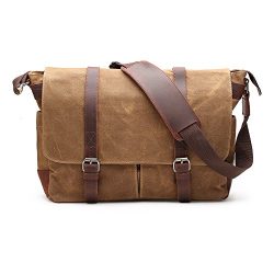 H-ANDYBAG 15 Inch Shoulder Laptop Bag Waxed Canvas Messenger Bag for Men (Khaki)