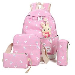 4 Pcs Teen Girls Cute Lightweight Canvas Backpack Set Rabbit Bookbag Laptop School Backpack Shou ...