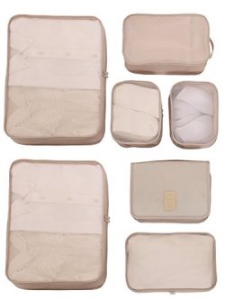 Travel Packing Cubes 7 Set, JJ POWER Luggage Organizers with toiletry kit shoe bag (Beige)