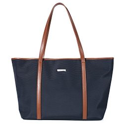 Let It Be Basic Large Travel Tote Shoulder Bag for Women | Laptop Work Tote | Navy Blue + Brown  ...