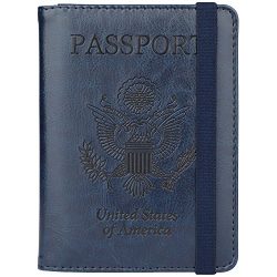 GDTK Leather Passport Holder Cover Case RFID Blocking Travel Wallet (Dark Blue #3)