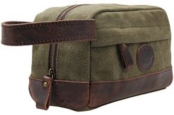 My style garment MSG Vintage Leather Canvas Travel Toiletry Bag Shaving Dopp Kit #A001, Army Green