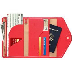 Women RFID Blocking Wallet, TEOYALL Travel Passport PU Leather Long Trifold Wallet (Red)