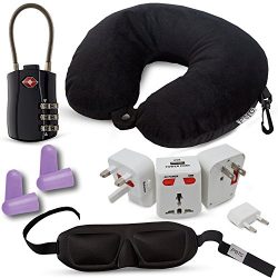 HeroFiber Travel and Flying Comfort Kit, Includes Memory Foam Neck Pillow, International Adapter ...