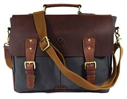 14.5” Vintage Handmade Leather Canvas Messenger Bag | Multiple Compartments & Zippered Pocke ...