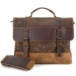 Kopack Waterproof Laptop Briefcase 15.6 inch Waxed Canvas Genuine Leather Bag Coffee