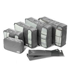 Coolife Packing Cubes Travel Organizers with Laundry Bag 7 Set Hanging Toiletry Bag Portable (gray)