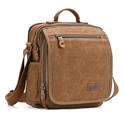 Plambag Canvas Messenger Bag Small Travel School Crossbody Bag Fit iPad Coffee