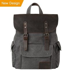 P.KU.VDSL Canvas Leather Backpack, 15″ Laptop Backpack, Vintage Leather rucksack, Travel S ...