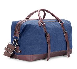 BAOSHA Oversized Canvas PU Leather Travel Tote Duffel Bag Weekender Overnight Bag (Blue)