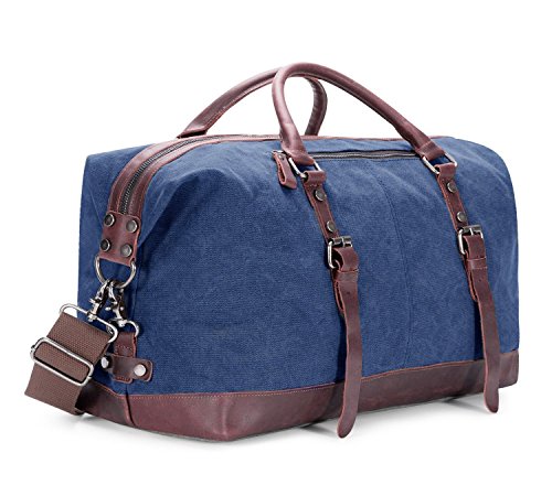 BAOSHA Oversized Canvas PU Leather Travel Tote Duffel Bag Weekender Overnight Bag (Blue)