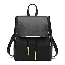 Women Leather Shoulder Bag Travel Camping Backpacks Schoolbags (Black)