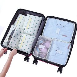 7Pcs Waterproof Travel Storage Bags Clothes Packing Cube Luggage Organizer Pouch (White Cactus)