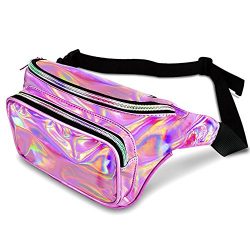 FOMAN Fanny Pack Waist Bag, Shiny Holographic Fanny Pouch Money Belt [Adjustable Strap] for Wome ...