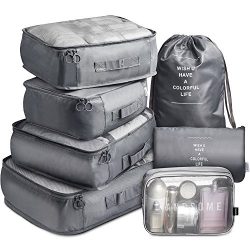 Packing Cubes 7 Set Lightweight Travel Luggage Organizers with Laundry Bag or Toiletry Bag (Grey)