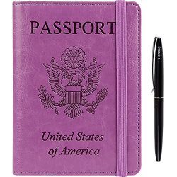 RFID Blocking Leather Travel Passport Holder Cover Wallet Case With Bonus Ballpoint Pen Purple