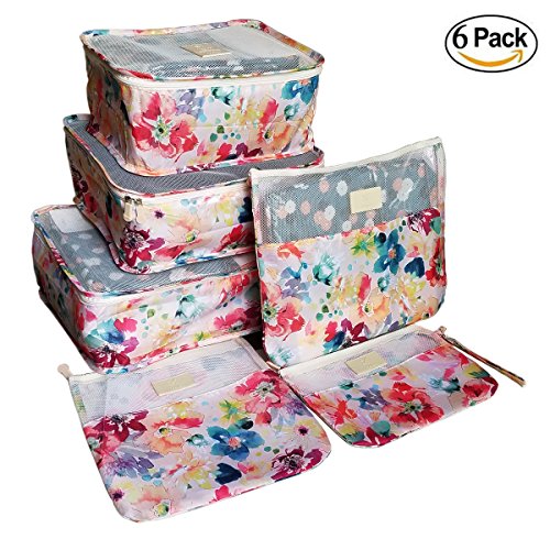 M-jump 6 Set Travel Organizer Bag System, 3 Packing Cubes + 3 Pouches,Premium quality (Flower)