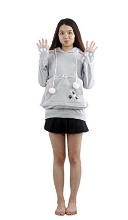 Womens Kangaroo Pouch Hoodie Long Sleeve Pet Cat Dog Holder Carrier Sweatshirt XL Gray