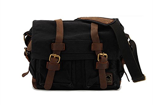 Sechunk Vintage Military Leather Canvas Laptop Bag Messenger Bags (Large–17‘’, Black)