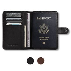 RFID Blocking Leather Travel Passport Holder With Snap, Bifold Wallet For Men And Women, Black
