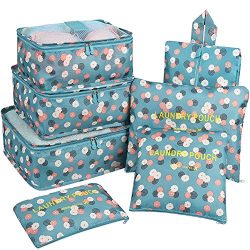 Travel Organizer,Mossio Durable Compression 3 Packing Cubes 3 Laundry Bag 1 Shoe Bag Blue Flower
