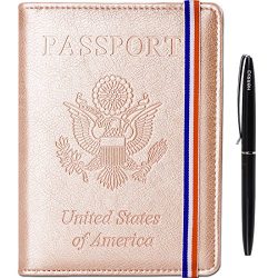 Passport Holder Cover Case – Leather RFID Blocking For Women Men With Bonus Pen (Rose Gold)
