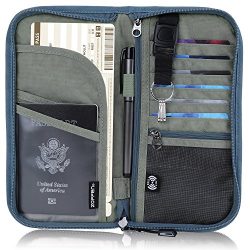 Zoppen RFID Travel Wallet & Documents Organizer Zipper Case with Removable Wristlet Strap, Blue